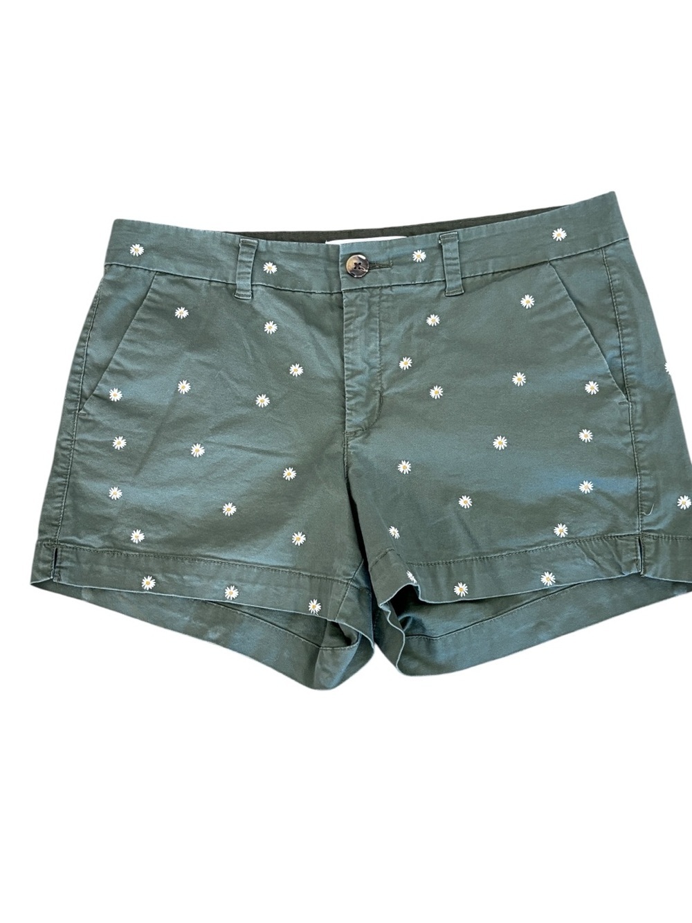 Old Navy Chino Everyday Shorts Size 10 Green with Embroidered White Daisies EUC